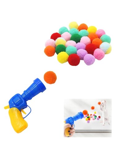 Duomama Interactive Cat Toy Set with Launcher, 50 Pom-Poms Balls - Entertain Your Kitty with Fun! for Training and Play - Colorful, Furry, and Hilarious Indoor Cat Toys