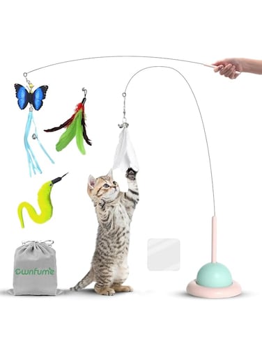 Ownfume Cat Feather Toys,Cat Wand Toy with Powerful Suction Cup Detachable,4 PCS Feather Replacements with Bell,Interactive Kitten Sticks for Indoor Cats