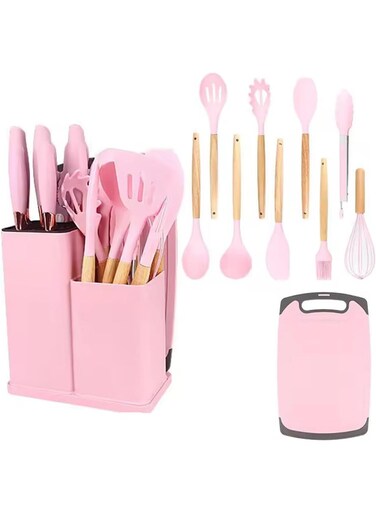 Stylish 19 Pcs Culinary Accessories Arrangement Showcasing Ergonomic Utensils, Nonstick Silicone Surfaces, Scandinavian-Inspired Design, Balanced Color Blocking, Food Preparation Elements, Creative Kitchen Workspace Mood