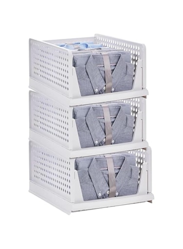 Jorunb Stackable Clothes Plastic Storage Basket,4 Pack Foldable Closet Organizer Shelf Cloth Holder,Drawer Shelf Storage Container for Wardrobe Cupboard Bathroom Office (3)