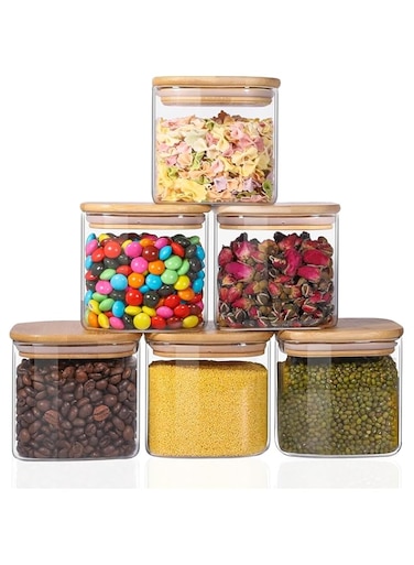 PICCASIO&trade; 6 Pcs Glass Jars, High Borosillicate Cookie Containers, Clear Food Storage Canisters Sets for Bean, Spaghetti, Pasta Cereal &amp; Herbs, Airtight Food Containers with Bamboo Lids