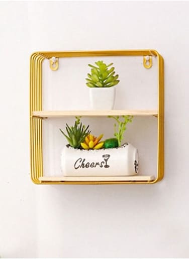 2 Tiers Nordic Style Iron Wall Mounted Shelf Wooden Storage Rack Geometric Square Display Holder Kitchen Bathroom Organizer 25x12x25 cm