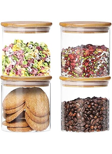 4 Pack Glass Storage Jars with Sealed Bamboo Lids 650ML Clear Glass Bulk Food Storage Canister for Serving Tea, Coffee, Spice, Candy, Cookie
