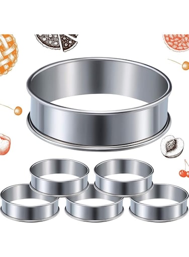 DELFINO 6 Pieces Muffin Tart Rings Double Rolled Tart Ring Stainless Steel Muffin Rings Metal Mousse Cake Pancake Ring Pastry Round Ring Mould for Home Food Making Cooking Baking Tool, 3.15 Inch
