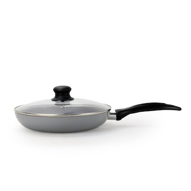 Wilson Non Stick Fry Pan with Glass Lid 26cm, Grey, Aluminium Cooking Pan, Induction &amp; Gas Compatible, Scratch Resistant Coating, Cool Touch Handle, Healthy Low Oil Kitchen Cookware