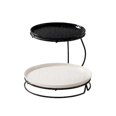Shallow 2-Tier Serving Stand Hammered Porcelain Dessert Tower &ndash; Multi-Tiered Food Server for Daily Home Use, Coffee Stations, Buffet Tray &amp; Tea Rack (20cm &amp; 26cm, Black &amp; White)