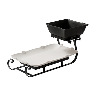 Shallow 2-Tier Home Serving Set Porcelain Ceramic Square Bowl&amp;Rectangular Platter - Multi-Level Food Tower for Appetizers&amp;Festive Hosting Space-Saving Stand (18cm &amp; 36cm, White &amp; Black)