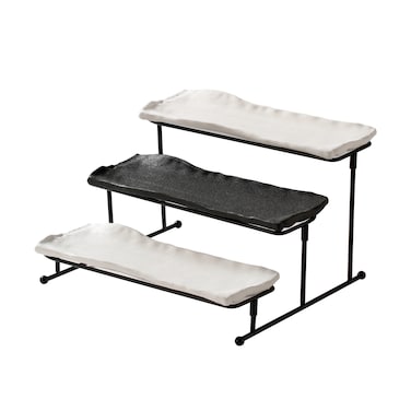 Shallow 3-Tier Porcelain Ceramic Serving Stand-31cm Stepped "Taqdeem" Set &ndash; Food Tower for Ramadan,Eid &amp; Festive Majlis - Mawaheen for Appetizers, Desserts&amp;Coffee Stations (White&amp;Black)