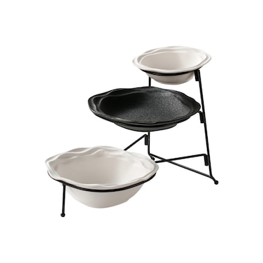 Shallow 3-Tier Porcelain Bowl Set with Stand &ndash; 15cm, 21cm &amp; 22cm Taqdeem Set-Food Tower for Home &amp; Majlis - Black &amp; White Mawaheen for Salads, Dips &amp; Coffee Station Hosting