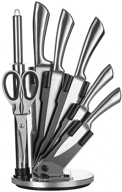 Cuisine Art 8-Piece Professional Kitchen Knife Set with Revolving Stand – Includes Chef, Cleaver, Slicing, Utility, Fruit Knives, Scissors, Sharpening Rod, and Knife Block - Silver