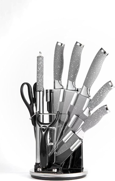 Cuisine Art 9-Piece Professional Kitchen Knife Set with Revolving Stand &ndash; Includes Chef, Cleaver, Slicing, Utility, Fruit Knives, Scissors, Sharpening Rod and Potato Peeler - Grey