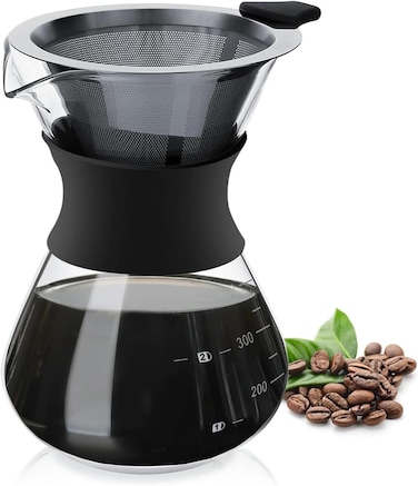Cuisine Art Pour Over Coffee Maker Set &ndash; Elegant Glass Carafe with Reusable Stainless Steel Drip Filter, Silicone Sleeve for Heat Protection, Complete Pour Over Coffee Dripper Pot 400ml
