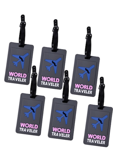 Luggage Tag with Name ID Card, Personalized Identifier ID Labels, Flexible PVC Travel Tags, Secure Travel Luggage Labels for Baggage Identity, Suitcase Tag - "WORLD Traveler" Text Design 6-Piece Set