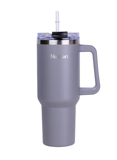 Nessan Double Wall Stainless Steel Vacuum Insulated Travel Mug Tumbler with Dual Function Lid and Straw for Water, Iced Tea or Hot Coffee, Smoothie and More (Grey, 1200ml)