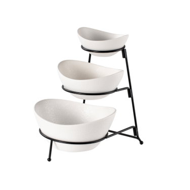 Shallow Porcelain 3-Tier Serving White Bowl Set with Sleek Black Stand (Small Bowl 13CM, Mid Bowl 16CM, Large Bowl 19CM)