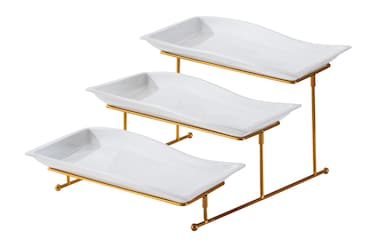 Shallow Elegant Porcelain 3 Tier Rectangle White 33cm Plate with Gold Stand