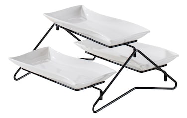 Shallow Elegant Porcelain 2 Tier Rectangle White Plate with Black Stand