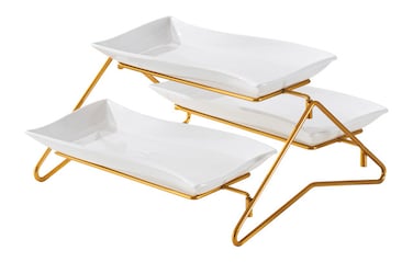 Shallow Elegant Porcelain 2 Tier Rectangle White Plate with Gold Stand