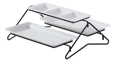 Shallow Elegant Porcelain 2 Tier Rectangle White Plate with Black Stand (Small Plate 33cm, Large Plate 36cm)