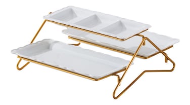 Shallow Elegant Porcelain 2 Tier Rectangle White Plate with Gold Stand (Small Plate 33cm, Large Plate 36cm)