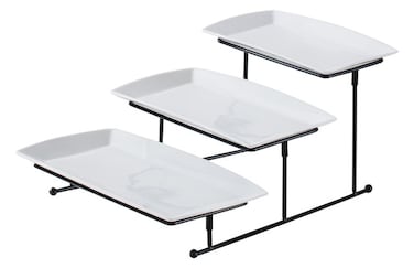 Shallow Elegant Porcelain 3 Tier Rectangle White Plate with Black Stand (Small Plate 27cm, Mid Plate 31cm, Large Plate 35cm)