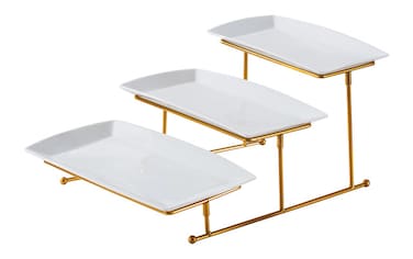Shallow Elegant Porcelain 3 Tier Rectangle White Plate with Gold Stand (Small Plate 27cm, Mid Plate 31cm, Large Plate 35cm)