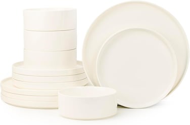Cuisine Art ADA 12-Piece Stoneware Dinner Set - Complete Service for 4 - Includes 28cm Dinner Plates, 21cm Dessert Plates &amp; Bowls - Durable Modern Tableware for Home &amp; Gifting