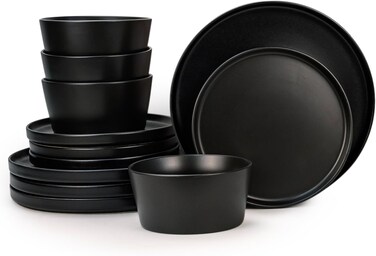 Cuisine Art BOLA 12-Piece Stoneware Dinner Set, Black - Modern Service for 4 - Includes Dinner Plates, Dessert Plates &amp; Bowls - Durable Ceramic Tableware for Everyday Dining &amp; Entertaining