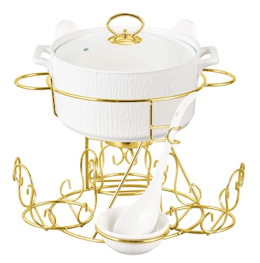 Shallow Amer 17 Piece Porcelain Soup Set with Gold Stand - Modern &amp; Elegant Dining Collection, Soup Bowls