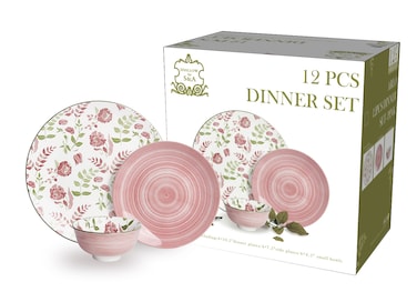 Shallow Porcelain Arlo Dinner Set, 12 Pieces, Pink (4 Dinner Plates, 4 Side Plates, 4 Small Bowl)