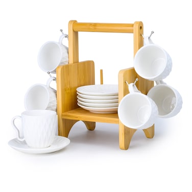 Shallow Elegant Porcelain Bamboo 6 Cup &amp; 6 Saucer Set with Stand, 180ml