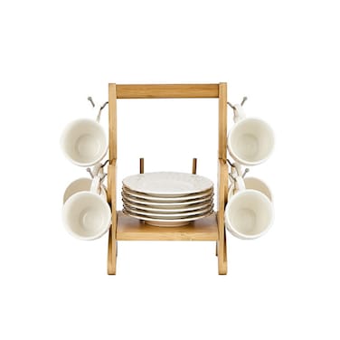 Shallow Elegant Porcelain Bamboo 6 Cup &amp; 6 Saucer Set with Stand, 90ml