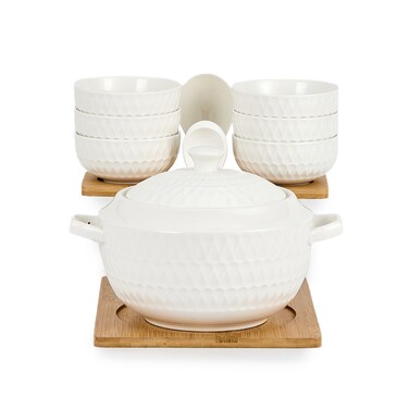 Shallow Porcelain Bamboo 1 Soup Pot, 1 Soup Spoon, 6 Bowls &amp; 6 Spoons with Stand, White &amp; Brown