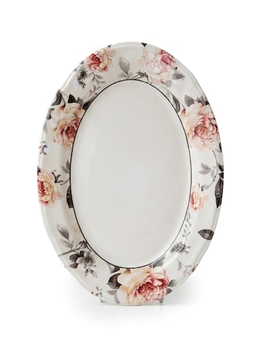 Claytan Earthenware Jasper Oval Platter Floral Pattern, 14 Inch, White   Premium Serving Platter for Main Course, Appetizers, BBQ, Seafood &amp; Desserts Elegant Tableware for Home, Office, Caf&eacute; &amp; Gifting
