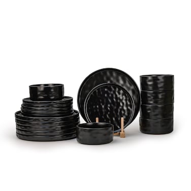 Shallow Stoneware HUA 18 Pc Dinner Set, Black   Hammered Texture Dinnerware Set for 6 People   Plates Bowls &amp; Side Plates Lightweight Stackable Tableware Set for Modern Home Dining