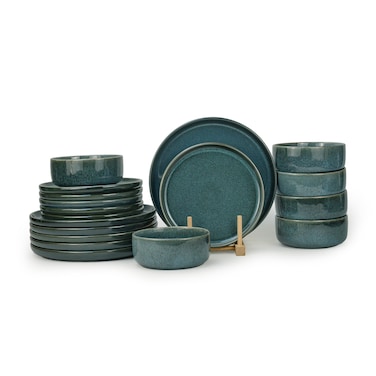 Shallow Stoneware TIM 18 PC Dinner Set, Blue   Lightweight Dinnerware Set for 6 People, 6 Dinner Plates 6 Side Plates 6 Bowls Modern Stackable Dining for Everyday Home Dining Tableware