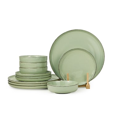 Shallow Stoneware JIO 12PCS Dinner Set, Cyan Rustic Speckle Dinnerware Set  4 Dinner Plates 4 Side Plates 4 Bowls Lightweight Stackable Dining Tableware for Everyday Family Dining