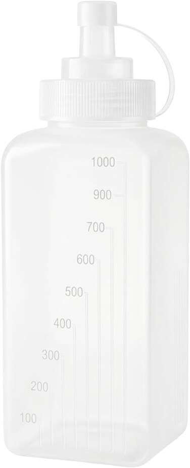 Cuisine Art 1000ml/1 Liter Oil Dispenser Squeeze Bottle &ndash; Food-Safe PE Plastic with Fine-Tip Nozzle Tethered Cap &amp; Embossed Measurements for Cooking Oil Vinegar Sauce &ndash; Square Stable Base