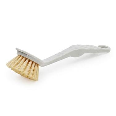 Mondex 25cm Ergonomic Dish Brush with Scraper &ndash; Angled Scrub Brush for Pots, Pans &amp; Dishes, Non-Stick Safe, High-Density Beige Bristles, Light Grey/Off-White Handle with Hanging Hook