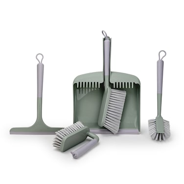 Mondex 5-Piece Cleaning Set &ndash; Mini Dustpan &amp; Broom with Comb Teeth, Dish Scrub Brush with Scraper, Squeegee, Heavy-Duty Scrubber, Soft-Grip Handles &amp; Hanging Loops