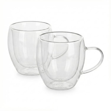 Cuisine Art Borosilicate Glass Double Wall Glass with Handle 250ml Set of 2   Transparent Heat Resistant Tea Coffee Cups   Insulated Microwave &amp; Dishwasher Safe Glassware