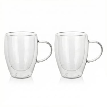 Cuisine Art Borosilicate Glass Double Wall Glass with Handle 350ml Set of 2   Transparent Heat Resistant Tea Coffee Cups   Insulated Microwave &amp; Dishwasher Safe Glassware