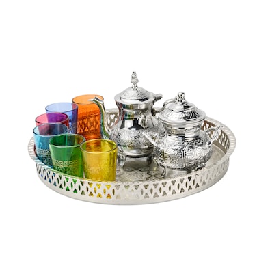 Cuisine Art Moroccan Brass Tea Set with Silver Finish Tray &amp; Colorful Tea Glasses &ndash; Handcrafted Moroccan Teapot, Sugar Bowl &amp; Serving Tray &ndash; Traditional Arabic Tea Set in Elegant Gift Box