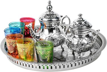 Cuisine Art Moroccan Brass Arwa Teaset with Silver Tray - 9 Pieces