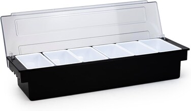 Cuisine Art 4 Compartment Condiment Dispenser Organizer with Clear Hinged Lid, Removable White PP Inserts, Black ABS Base, Bar Caddy Garnish Tray for Kitchen Countertop, Restaurant, Food Prep Station