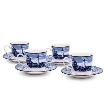 Claytan Halcyon Blue 200 ml Porcelain Coffee &amp; Tea Cup with Matching Saucer (Set Of 4)
