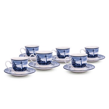 Claytan Halcyon Blue 200 ml Porcelain Coffee &amp; Tea Cup with Matching Saucer (Set Of 6)