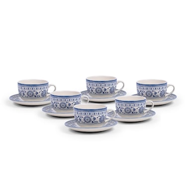 Claytan Plethora Grey-Rim 240 ml Porcelain Coffee Cup &amp; Saucer Set (Grey &amp; Blue, Set Of 6)