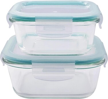 Cuisine Art Square Borosilicate Glass Food Storage Containers with Lids, 2 Pieces, Transparent (500 + 800ml)