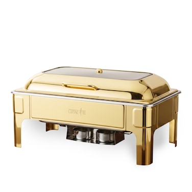 Cuisine Art Fully Gold Stainless Steel Hydraulic Chafing Dish 9L (1/1 GN) with Large Glass Window &ndash; Rectangular Luxury Buffet Food Warmer for Ramadan Iftar, Weddings, Hotels &amp; Festive Hosting
